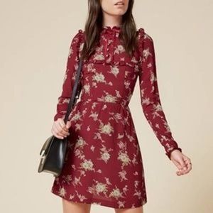 Reformation Myles Cardinal Red Floral Mini Dress Mock Long Sleeve Size 8…